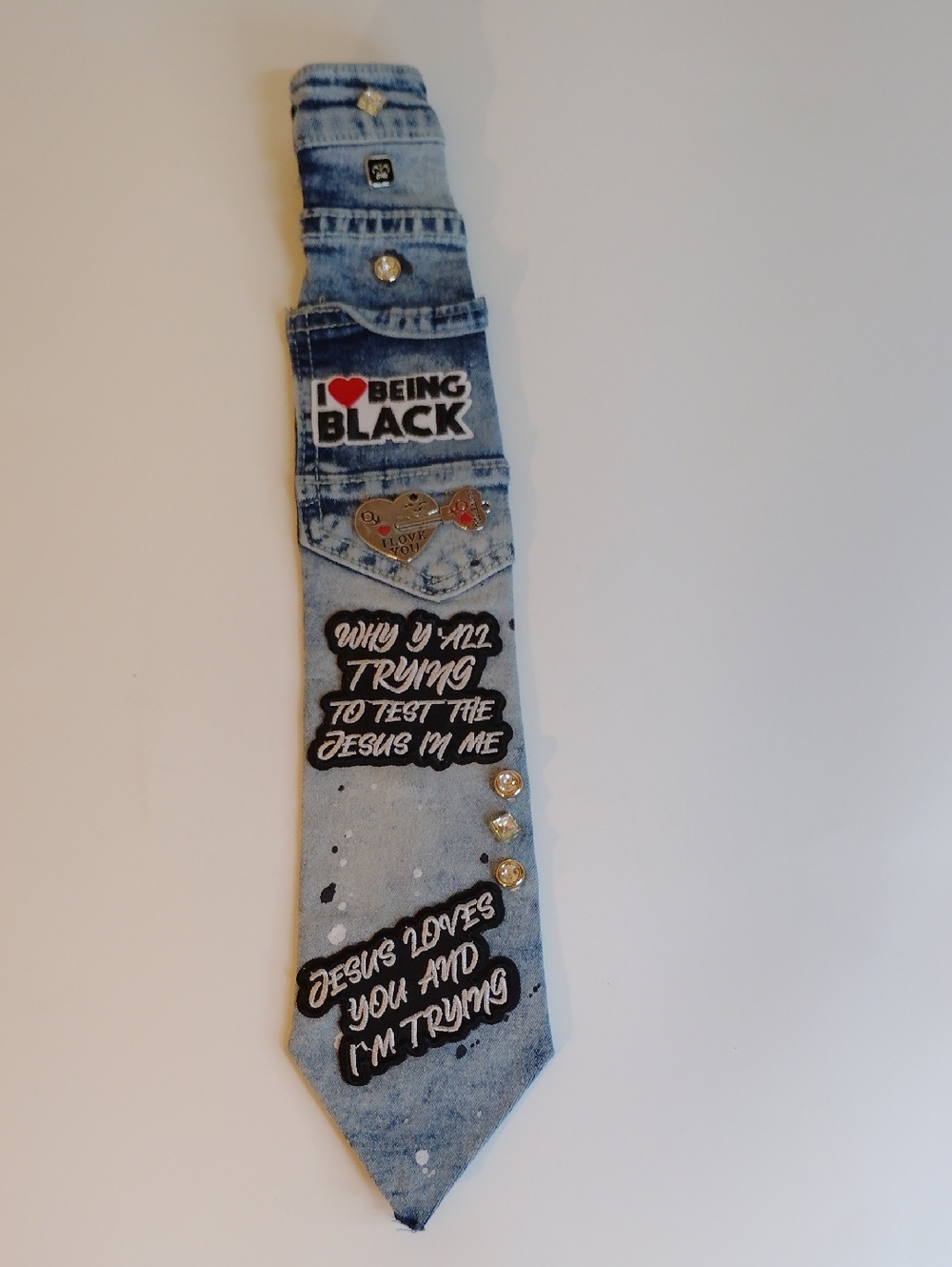 Light Wash Denim Statement Tie with Patches